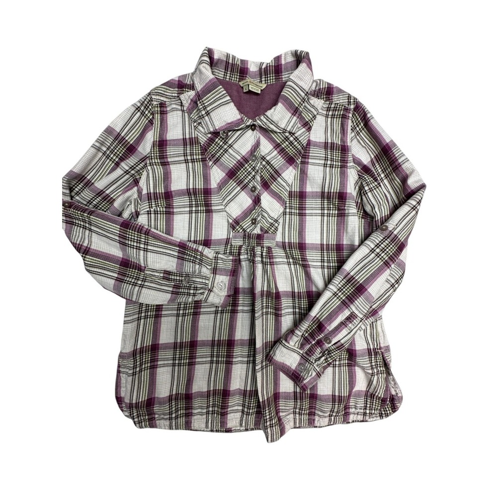 Royal Robbins Shirt Womens Large Purple Plaid Roll Tab Sleeve Button Front‎